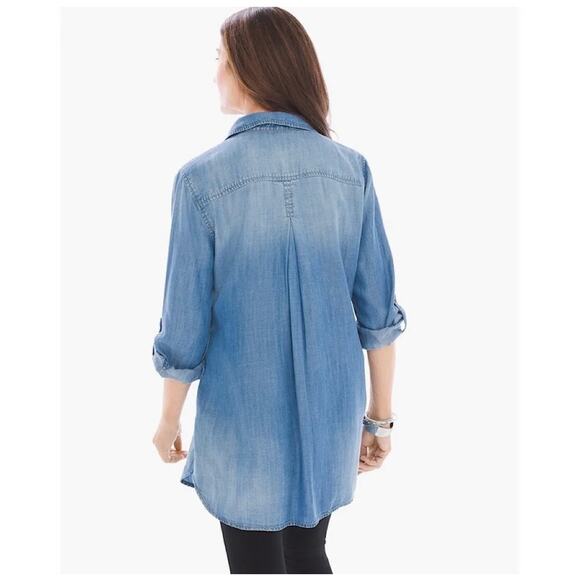 Chico’s Long Denim Button Front Light Wash Shirt Mini Dress Size 8 - Picture 2 of 12